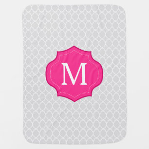 Gray Lattice Pattern Hot Pink Monogram Receiving Blanket