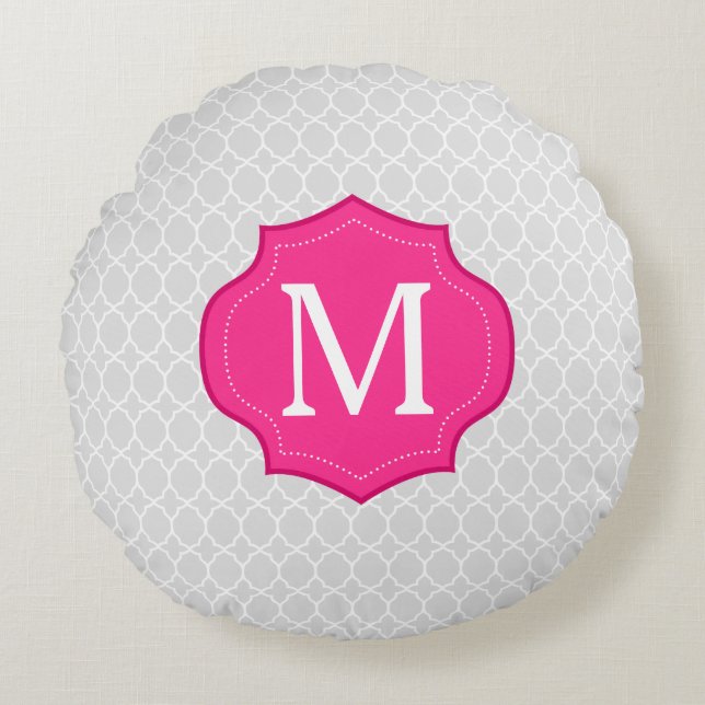 Gray Lattice Pattern Hot Pink Monogram Round Pillow (Front)