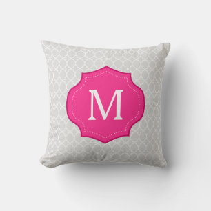 Gray Lattice Pattern Hot Pink Monogram Throw Pillow