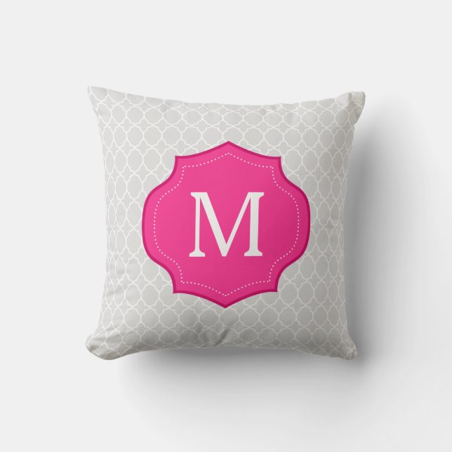 Gray Lattice Pattern Hot Pink Monogram Throw Pillow (Front)