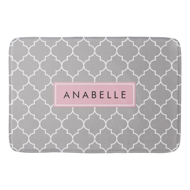 Gray Latticework, Moroccan Trellis, Your Name Bath Mat (Front)