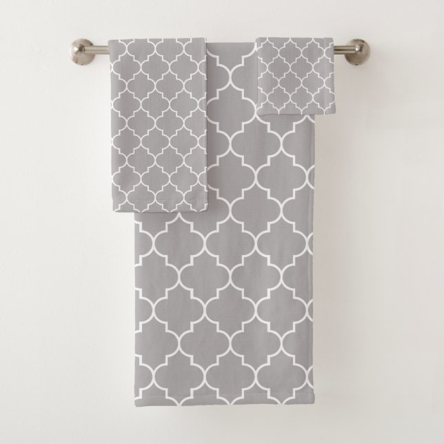 Gray Latticework, Quatrefoil, Moroccan Trellis Bath Towel Set (Insitu)