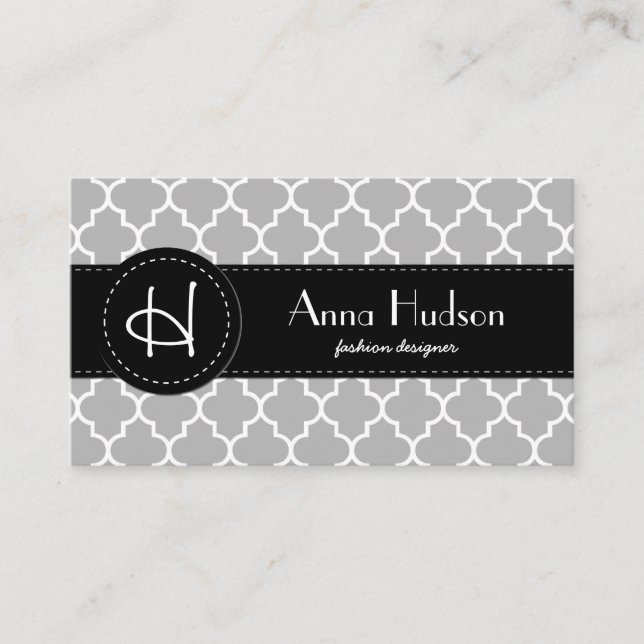 Gray Latticework, Quatrefoil, Moroccan Trellis Business Card (Front)