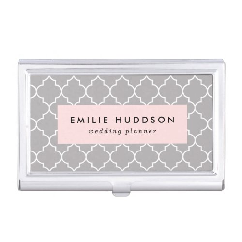 Gray Latticework Quatrefoil Moroccan Trellis Business Card Case