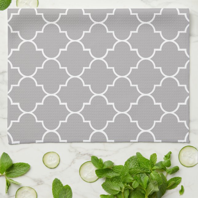 Gray Latticework, Quatrefoil, Moroccan Trellis Kitchen Towel (Folded)