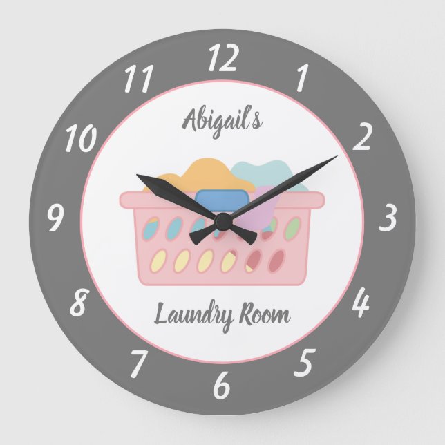 Gray Laundry Room Personalized Large Clock (Front)