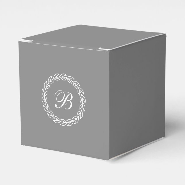 Gray Laurel Wreath with Custom Monogram Favor Boxes (Front Side)