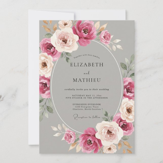 Gray Lavish Rose Wedding Invitation (Front)