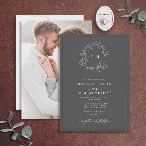 Gray Leafy Crest Monogram Photo Wedding Invitation
