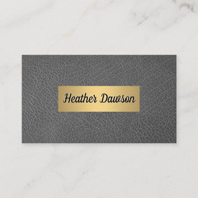 Gray Leather and Metallic Gold Frame Business Card (Front)