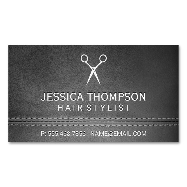 Gray Leather Double Stitched Business Card Magnet (Front)