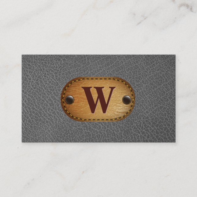Gray Leather | Monogram Brown Stitched Business Card (Front)