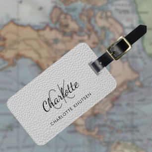 Gray leather monogram name luggage tag