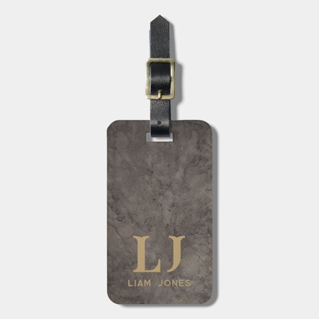 Gray Leather Monogrammed Masculine Vintage Luggage Tag (Front Vertical)