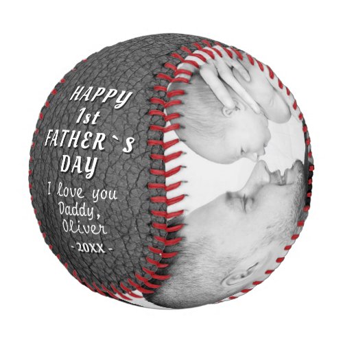 Gray Leather Print 1st Father`s Day 2 Photo  Baseball - Modern Gray Leather Print 1st Father`s Day 2 Photo Baseball. Dark gray leather print. The first Father`s Day personalized photo baseball. Add two photos, your names and year. You can change any text on the baseball. This custom and personalized baseball is a perfect gift for a new dad on a Father`s day.