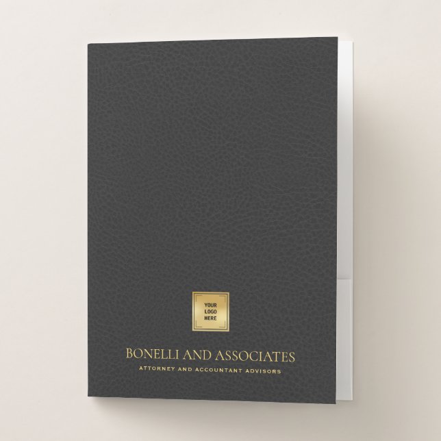 Gray Leather Professional Gold LOGO Corporate Pocket Folder (Front)