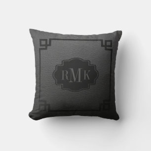 Gray Leather Texture Print With Black Frame Outdoor Pillow