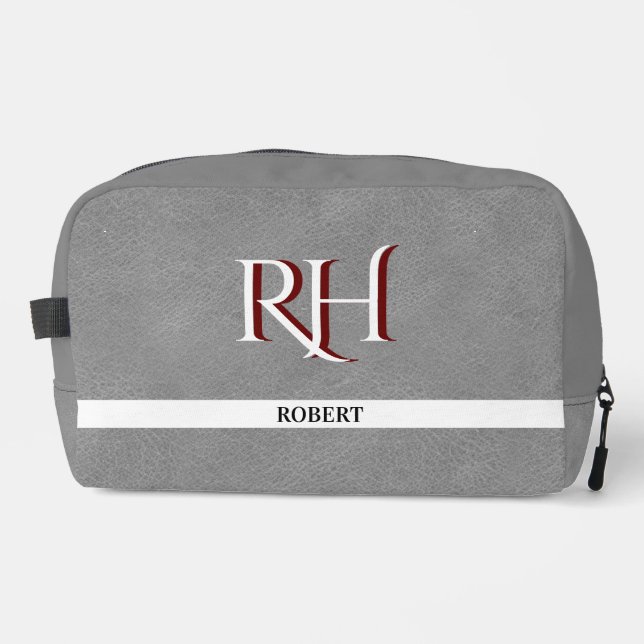 Gray Leather Texture Trim Custom Monogram Name   Dopp Kit (Front)