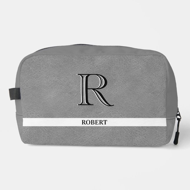 Gray Leather Texture Trim White Monogram Name   Dopp Kit (Front)