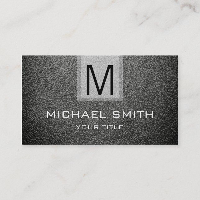 Gray Leather Textured Monogram Business Card (Front)