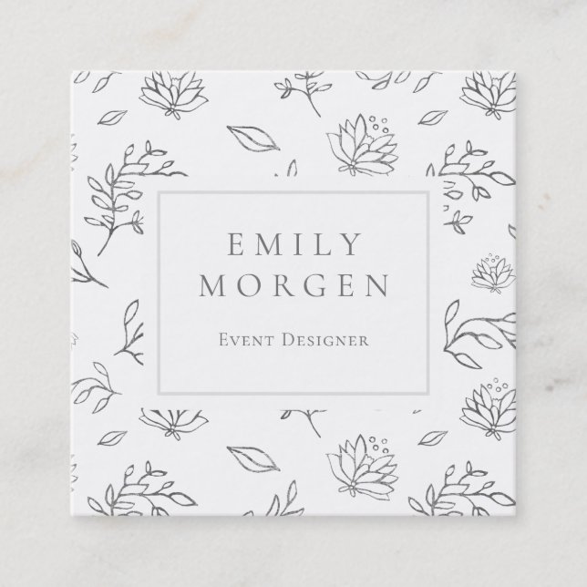 Gray leaves and flowers outline illustration square business card (Front)