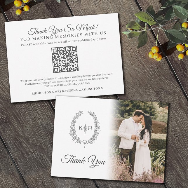 Gray leaves monogram white wedding photo QR Code Thank You Card (Creator Uploaded)