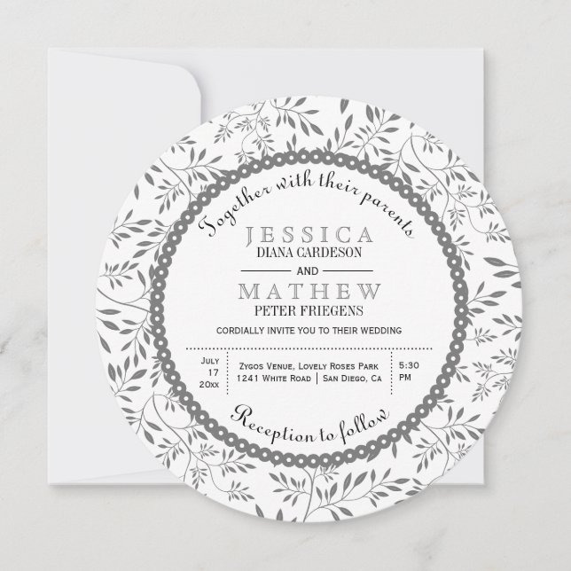 Gray leaves pattern modern floral wedding invitation (Front)