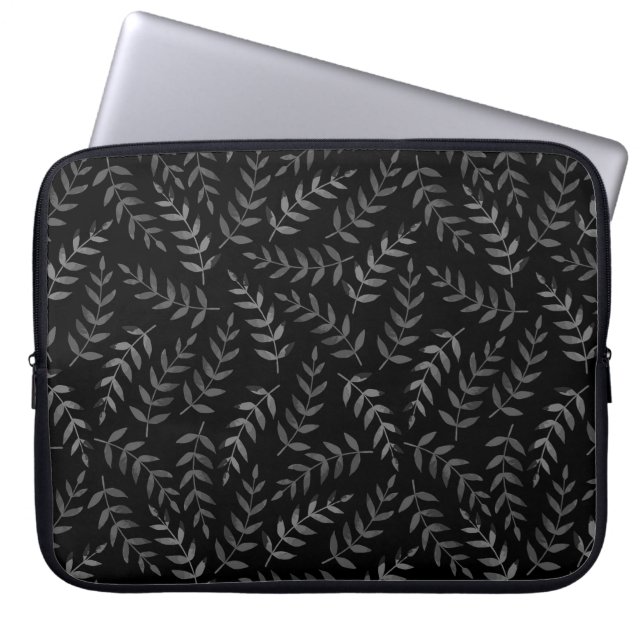 Gray leaves pattern on black laptop sleeve (Front)