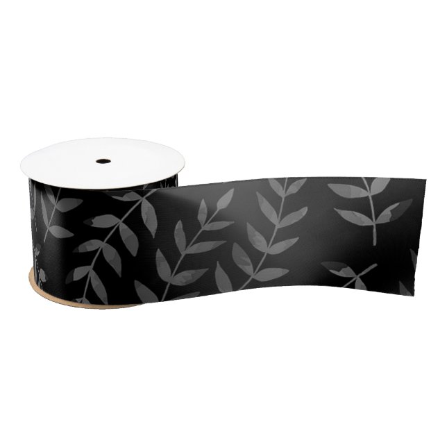 Gray leaves pattern on black satin ribbon (Spool)