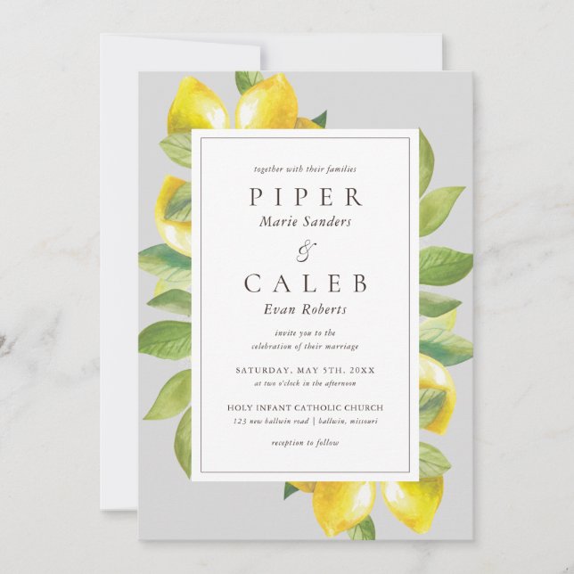 Gray Lemon Blossom Wedding Invitation (Front)