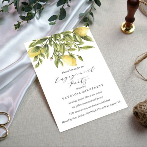 Gray  Lemons and Foliage Wedding Engagement Party Invitation