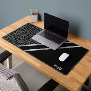 Gray Leopard Animal Print - Monogram Desk Mat