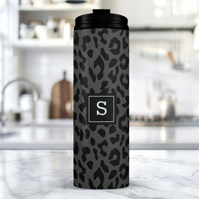 Gray Leopard Animal Print Pattern Monogrammed Thermal Tumbler (Creator Uploaded)