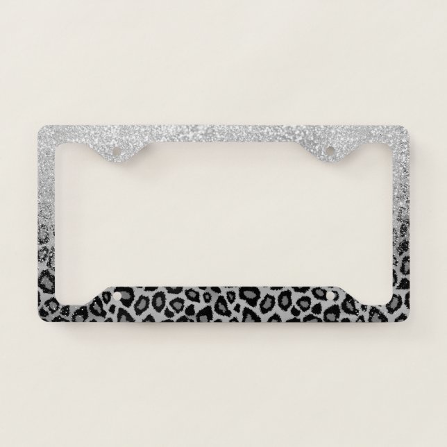 Gray Leopard Animal Print with Glitter License Plate Frame (Front)