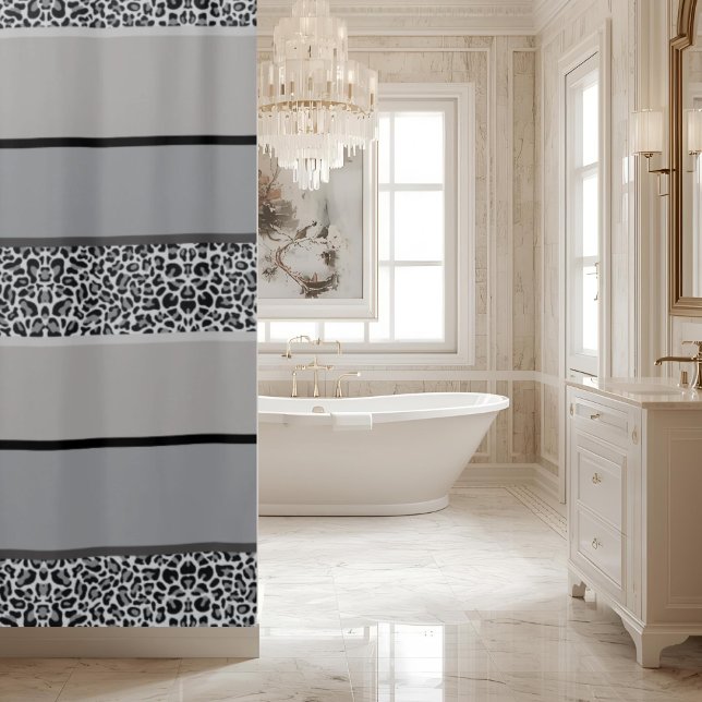 Gray Leopard Print Ombre Striped Shower Curtain (Creator Uploaded)