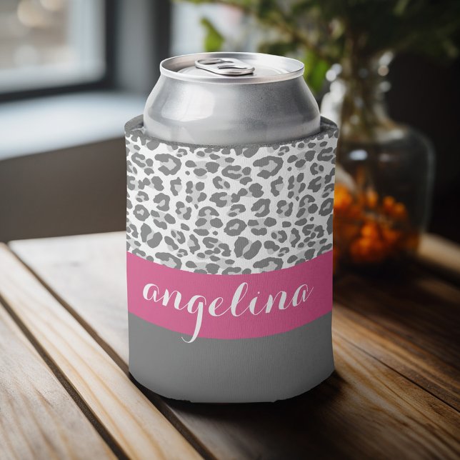 Gray Leopard Print Pattern with Pink Name Can Cooler (Celebrate with a personalized can cooler - add your name or monogram. Great party favor or gift)