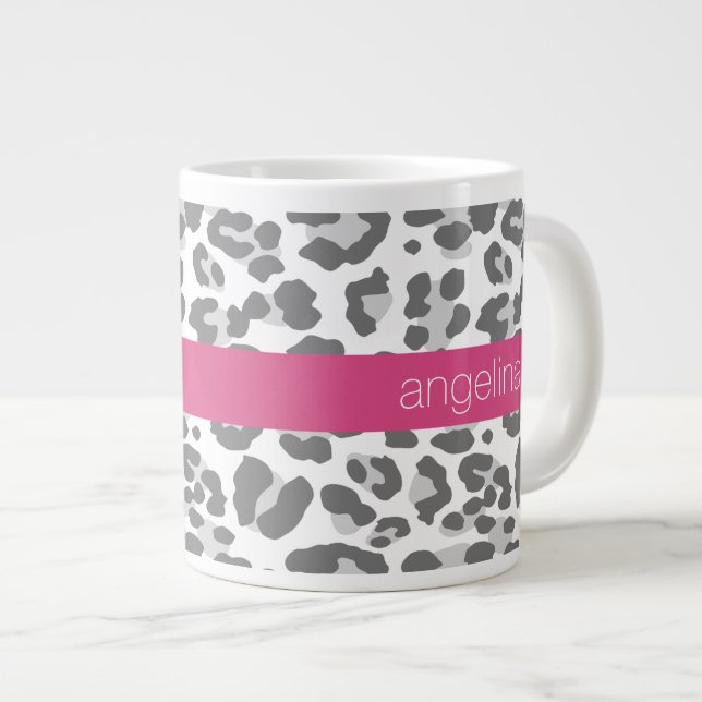 Gray Leopard Print Pattern with Pink Name Large Coffee Mug (Front Right)