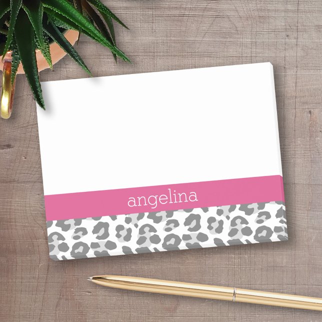 Gray Leopard Print Pattern with Pink Name Post-it Notes (Personalized post-it notes with an area to add your name or other text)