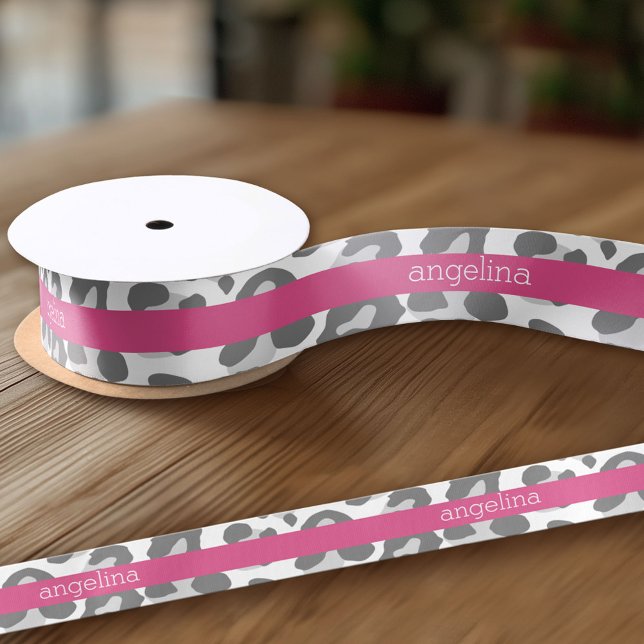 Gray Leopard Print Pattern with Pink Name Satin Ribbon (Custom Ribbon - add your personalized text)