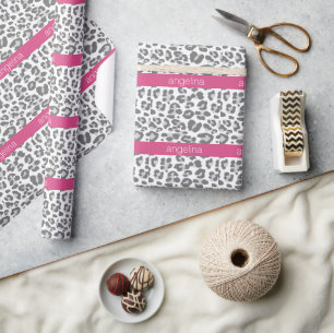 Gray Leopard Print Pattern with Pink Name Wrapping Paper