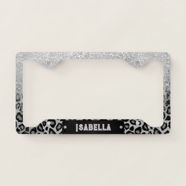 Gray Leopard Print with Glitter License Plate Frame (Front)