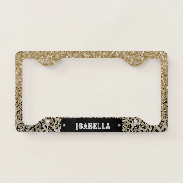 Gray Leopard Print with Gold Glitter License Plate Frame (Front)