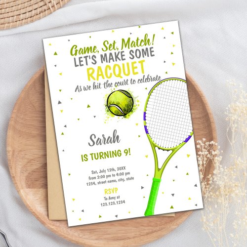 Gray Light Green Tennis Birthday Invitations