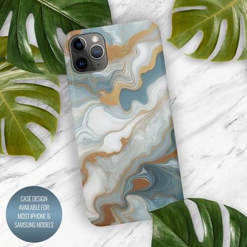 Gray Light Teal Blue Gold Marble Art Pattern iPhone 15 Pro Max Case