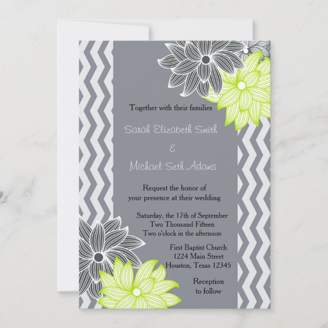 Gray Lime Green Chevron Floral Wedding Invitation (Front)