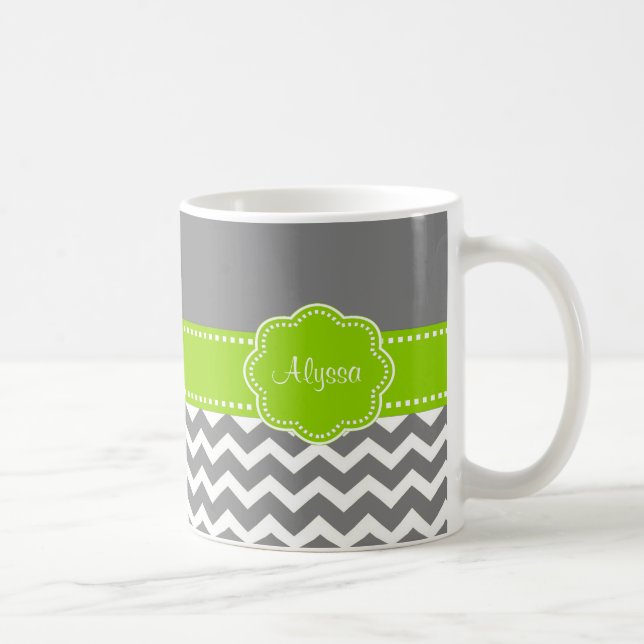 Gray Lime Green Chevron Personalized Mug (Right)