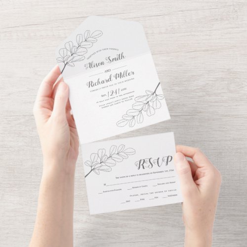 Gray line art branch and leaves wedding  all in one invitation