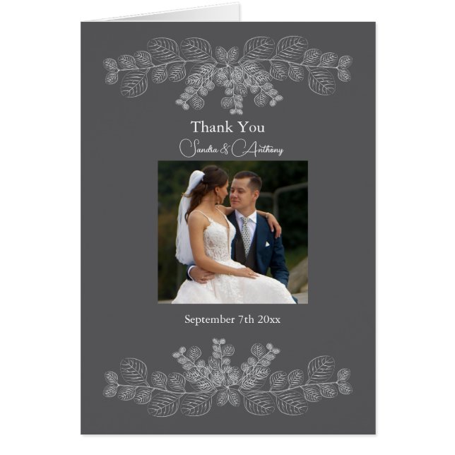  Gray Line Art Eucalyptus Photo Wedding Thank You (Front)