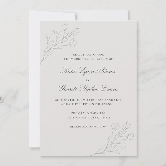 Gray Line Art Flowers Elegant Wedding Invitation (Front)