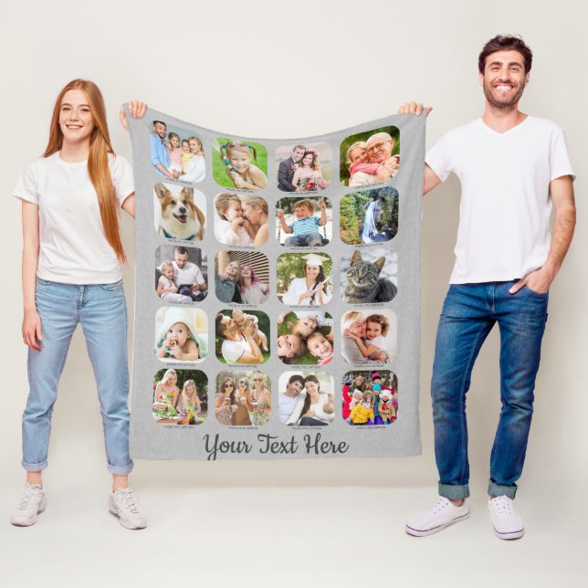 Gray Linen 20 Photo Collage Captions Script Name Fleece Blanket (In Situ)